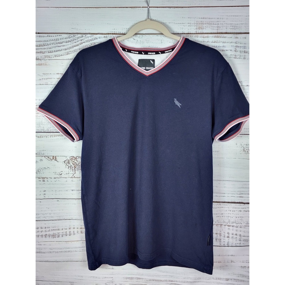 Stone Falcon V-Neck Short Sleeve T-Shirt Mens Sz L Navy Blue Stretch Tonal Logo